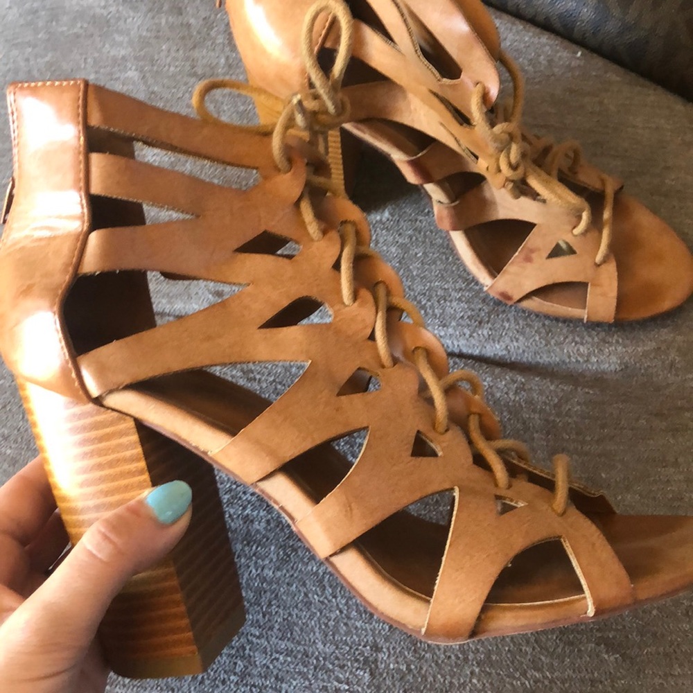 Tan cut out wedge heels